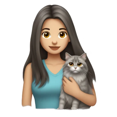 Dark brown straight hair girl with holding fluffy Siberian gray cat  sticker