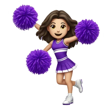 Caucasian cheerleader with long dark brown hair, jumping and holding up two purple Pom poms, small full body emoji sticker