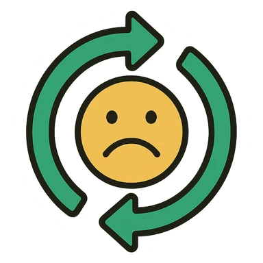 turnover arrows forming a circle with a frowning face in the center, minimalistic, green gold and white color scheme, clean lines, no background sticker