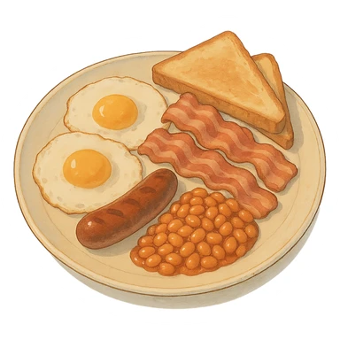 a plate of English breakfast with eggs, bacon, sausage, beans, and toast sticker
