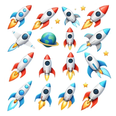 A set of high-quality vector emoji icons in a futuristic, space-themed style with no background (transparent). The icons should be clean, modern, and glowing, designed to complement a premium Martian food delivery brand.

The set should include:
1/Multiple rocket variations – a sleek futuristic rocket launching, a small shuttle in orbit, and a stylized cargo rocket for food delivery.
2/ Different star designs – classic five-pointed star, twinkling starburst, shooting star, and a cosmic nebula star.
3/ Galactic elements – a glowing planet, a swirling galaxy, and a meteor with a dynamic trail.
4/ A space station or satellite, symbolizing high-tech logistics.
5/ A hovering UFO, adding a fun, sci-fi touch.
👨‍🚀 A cheerful astronaut, representing the adventurous customers enjoying their space meals.

Each icon should have clean vector lines, soft gradients, and subtle neon glows, making them visually appealing and easy to use in UI design. sticker