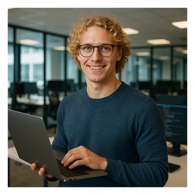male software developer with blonde curly hair and blue eyes, holding a laptop, wearing glasses, modern office background sticker