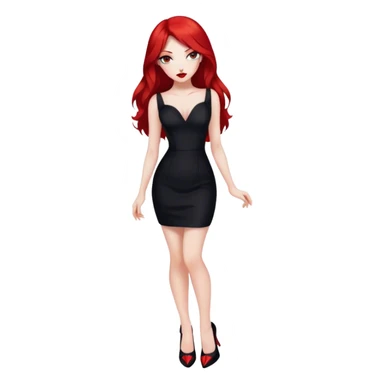 a pretty woman with long red hair and red eyes. The woman wear a black little cutted dress. She have red lipstick and she have a seductive look. She wear black heels sticker