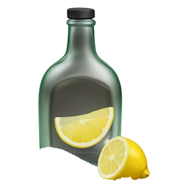 A bottle of white liquid (which is tequila) and next to ir a slice of lemon and salt sticker