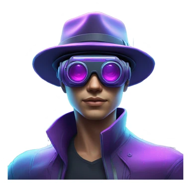 Secret human agent in a hat with  cyberpunk elements in VR googles scanning looking reviewing multicolor lines of code, cyan and purple colors, only upper body portrait sticker