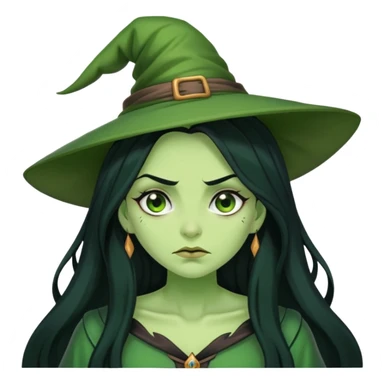 Green-skinned witch with long black hair, embarrassed expression, blushing sticker