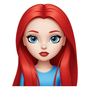 pretty bratz girl, bright red straight long hair, blue eyes, black eyeliner, white skin sticker