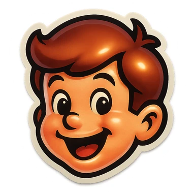 Edit the boy's face to have a happy, open-mouthed smile, maintaining the original cartoon style and quality of the retro stickers style. sticker