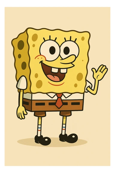 SpongeBob SquarePants, cartoon style, cheerful expression, yellow sponge character, simple background sticker