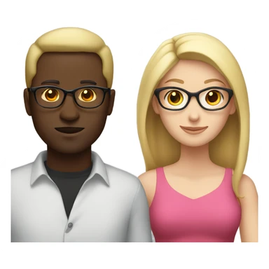 white woman no glasses long blonde  wearing a pink dress standing with a black guy with glasses wearing a red shirt sticker