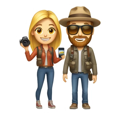 Create an emoji of couple travellers who love road trip and female has a dslr in hand. Both are young and guy has style beard sticker