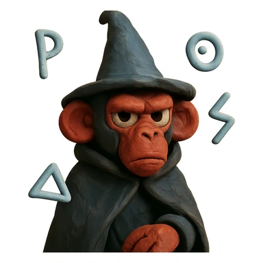 wizard monkey, claymation style, mysterious look, dark cloak, floating magical runes sticker
