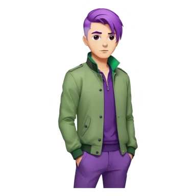 Confident man with purple hair and stylish green jacket, powerful stance like Thanos, modern fashion sticker