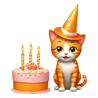 Orange cat with party hat and cake sticker