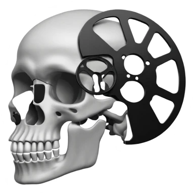 Minimalist emoji-style sticker of a human skull in profile, with a film reel replacing the brain. Grayscale icon with bold silhouette.
 sticker