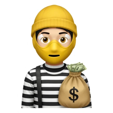 yellow robber wears black eye mask, black beanies and black and white stibes shirt with one brown money bag beside him sticker