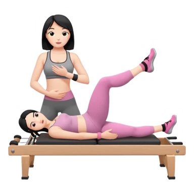 Create a Pilates emoji: a girl with fair skin and black hair, wearing a grey bra and grey leggings with pink pilates socks, doing sitted stomach massage on a wooden reformer. Make it look at the reformer. Make the colors neutrals. sticker