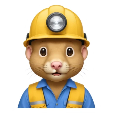 a mole rat, blue helmet, headlamp, yellow worker cloth sticker