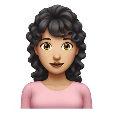 White woman with long black curly hair and bangs and dark brown eyes, wearing a pastel pink dress sticker