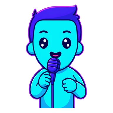man speaking into a microphone, with neon glow effect, blue neon glow on top left, purple neon glow on bottom right sticker