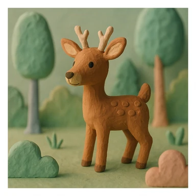 deer standing in a forest, pastel colors, visible fingerprints, playful and textured, claymation style sticker