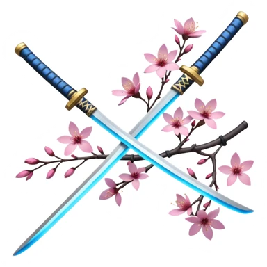 blue glowing katana multiple with accent words And Sakura flowers leaves and branches entangled with it sticker