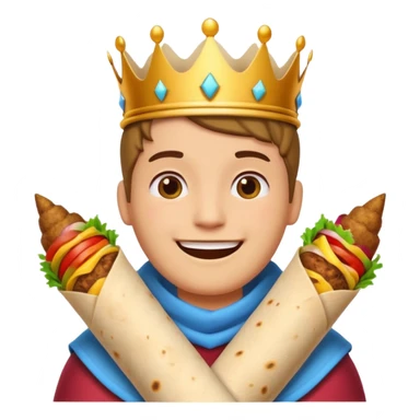 half-body character with crown smiling enjoying big kebab wrap, simple colorful fun classic emoji style sticker