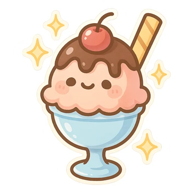 chibi sticker-style ice cream sundae with sparkles, cute and exaggerated sticker