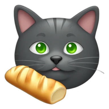 happy dark grey fat cat with green eyes eating a baguette sticker