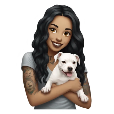 light skin woman with a face tattoo of a cross and long wavy black hair expressing joy alongide a white miniature pitbull  sticker