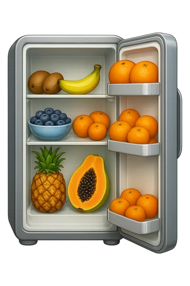 emoji stile iphone di un frigo aperto con dentro ben visibili questi alimenti: Kiwi
Banana acerba
Arance e mandarini
Mirtilli
Ananas
Papaya
IPERREALISTICO 4K sticker