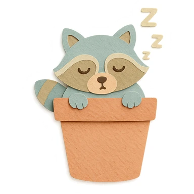 sleepy raccoon inside a flower pot, pastel earthy colors, paper craft style sticker