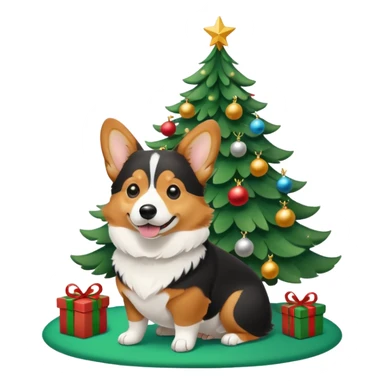 black tricolor corgi with no tail and christmas tree next to it sticker
