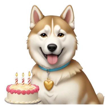 Golden beige husky with a hat and birthday cake sticker