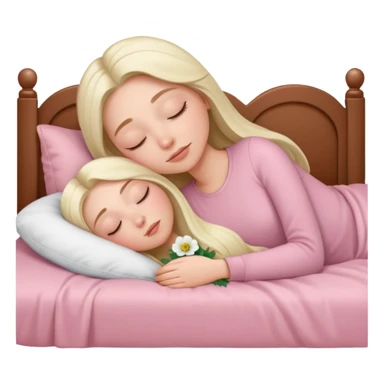 White girl long hair sleeping in her light pink bed cuddling with her white poppy sticker