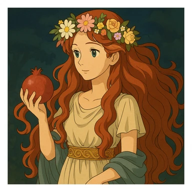 Add a crown of flowers to Persephone's head, keeping the Ghibli style and her flowing red hair, holding a pomegranate. sticker