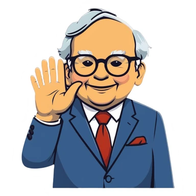 Warren Buffett waving, wearing glasses and a suit sticker