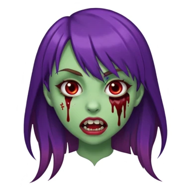 uma garota com cabelo marrom com franja lateral e dois fios de cabelos são roxos na franja, e o cabelo é liso, e a pele dela é verde e a boca normal dente de vampiro e com sangue pingado no canto e um piercing no canto da boca. sticker