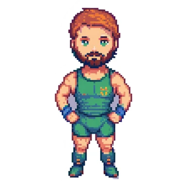 wrestler with a beard and short hair, wearing wrestling gear, pixel art style sticker