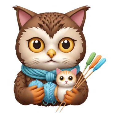 knitting owl portrait, head and shoulders only, cute cat holding knitting needles and yarn, cozy expression, warm handmade vibe, soft feathers, 3D cartoon style, mobile game icon style, clean background, no text, no watermark
 sticker