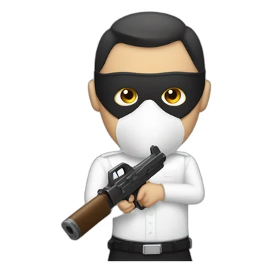 Man wearing white shirt and black mask holding  a gun sticker