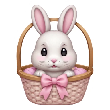 light pink bow on a beige white wooven basket. A bunny with its paws a bit out and sift white fur cute eyes sticker