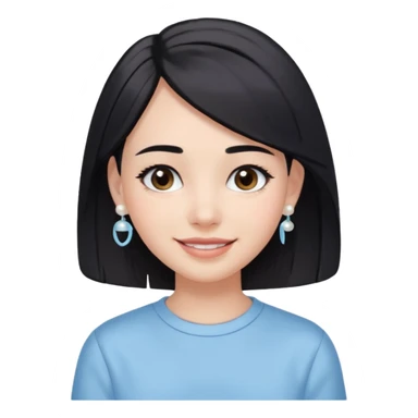  emoji of a smiling girl with a long bob haircut in black-brown color, fair tan skin, soft black eyebrows, and brown eyes. She's wearing a pastel blue shirt, has pearl earrings, and white clean hair clips. Her look is fresh and minimal clean girl aesthetic. Use a white background, sticker