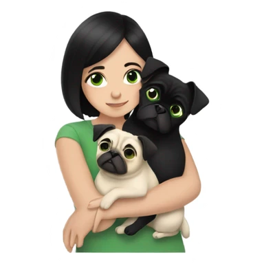 girl with black hair and green eyes cuddling two pugs  sticker