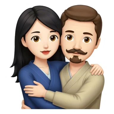 tall white man with brown hair goatee mustache hugging a japanese woman with long black hair sticker