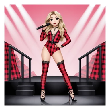 Sabrina carpenter singing at concert wearing a black and red plaid bodysuit a red sheer top covering the bodysuit, a strip of black lace around her leg, black sparkle heels. there is a  huge crowd and light pink stage setting  sticker