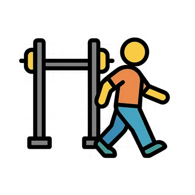playful bold stylized icon of a person walking away from a squat rack, fitness context sticker