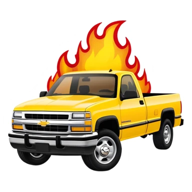 1997 Chevrolet Silverado C-2500 in bright yellow with screen-accurate red flame decal printed on the hood, faithful to Kill Bill movie design, 30-degree angle, iOS emoji style sticker