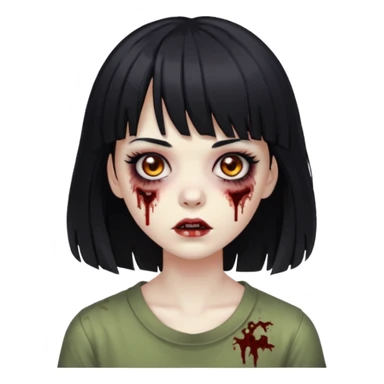 Zombie girl, black hair with bangs, slightly wavy, layered haircut, long eyelashes, black eyes. sticker