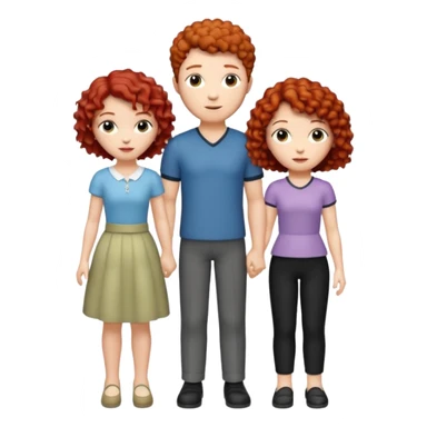 crie uma figurinha com uma família de três uma mulher branca de cabelo  cacheado curto vermelho um homem branco de cabelos preto e uma menina branca de cabelos cacheados preto sticker